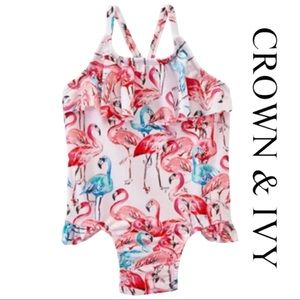NWT Crown & Ivy Baby Girl’s Flamingo Flounce One Piece Swimsuit Size 6 Months